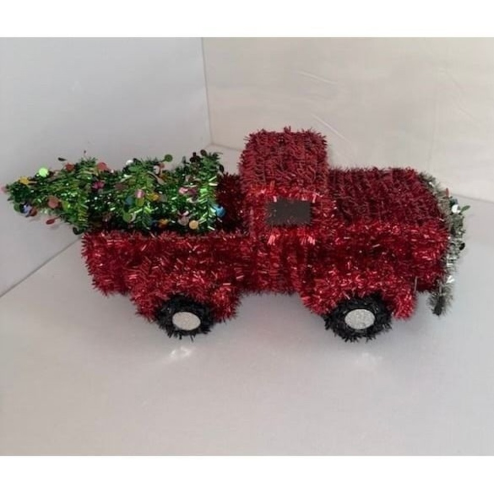 Red Tinsel Christmas Truck with Tree Tabletop Holiday Decor Vintage Style 13.5in